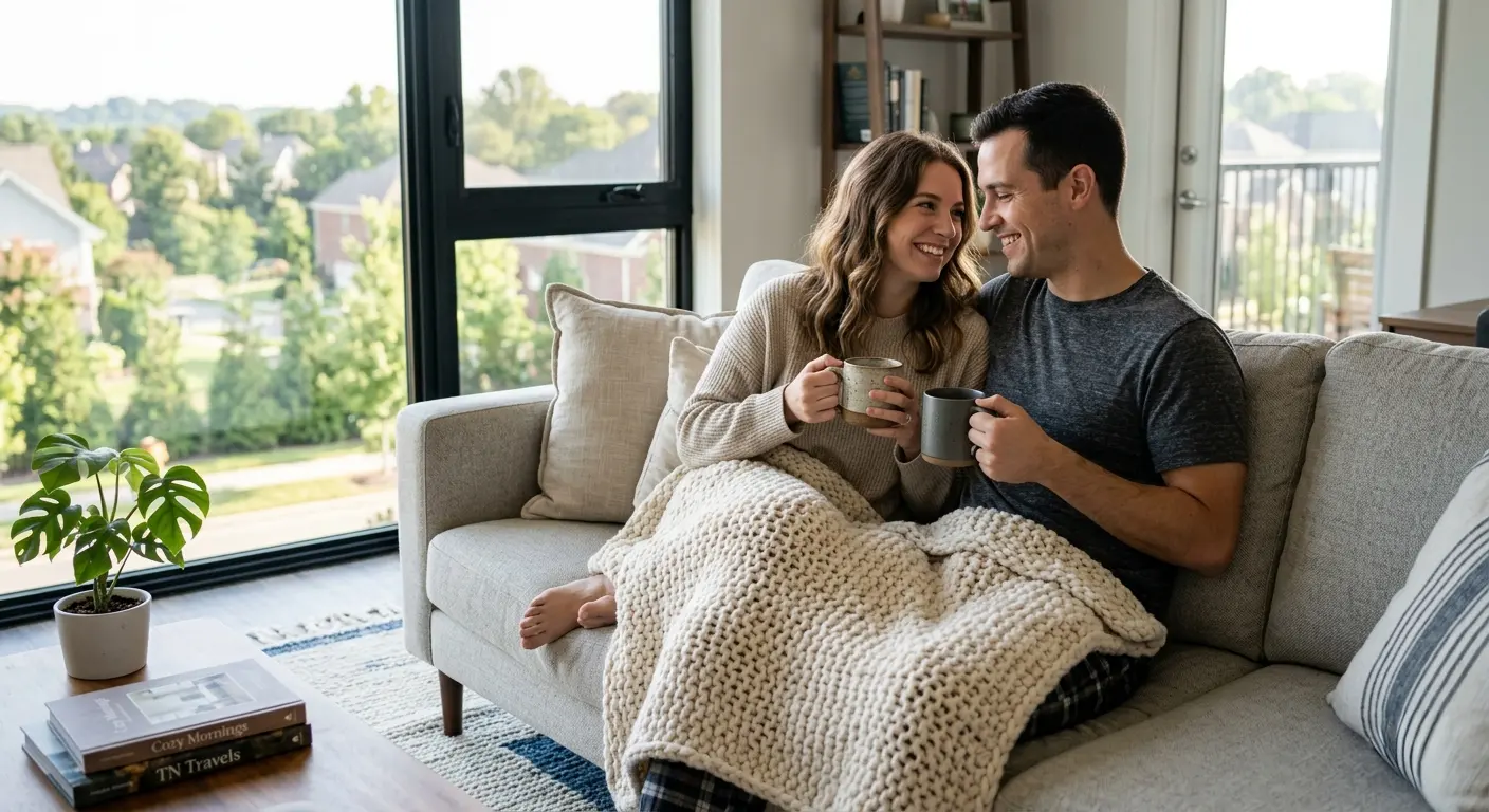 A couple sitting on a cozy sofa, wrapped in a knitted blanket, smiling at each other while holding mugs. Sunlight streams through large windows, and a potted plant and books are on the coffee table nearby.